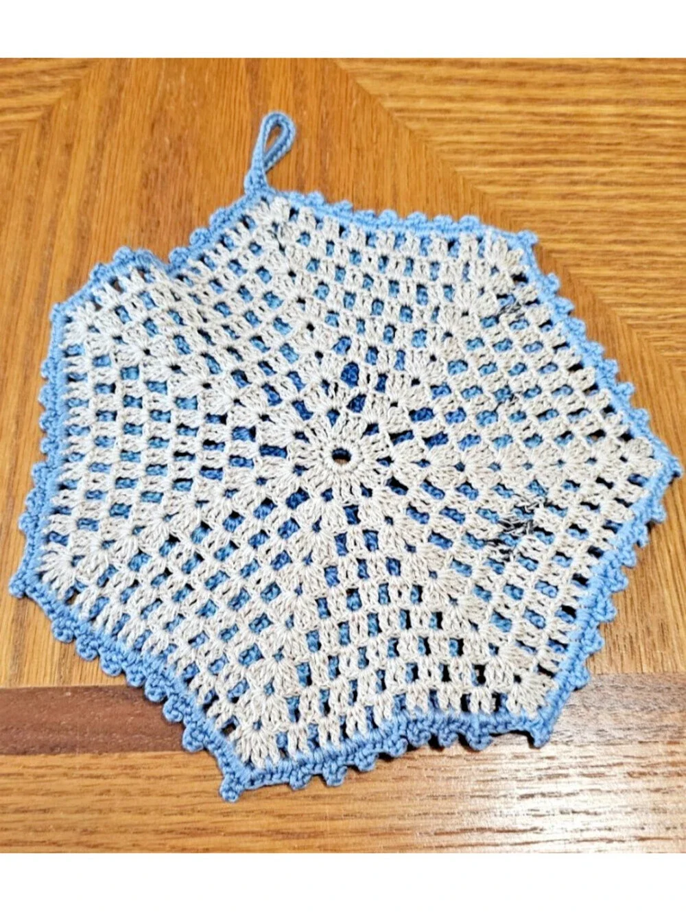 Vintage Handmade Crocheted Multicolor-blues Hexagonal Hot Pad 6